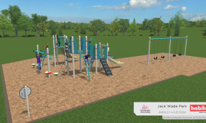 Rendering of playground with swings and climbing area